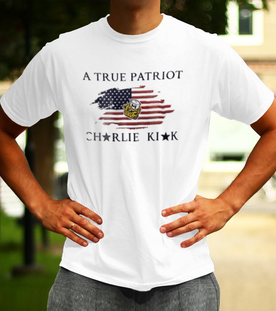 A True Patriot Charlie Kirk Distressed US Flag Wolverine Head T-Shirt