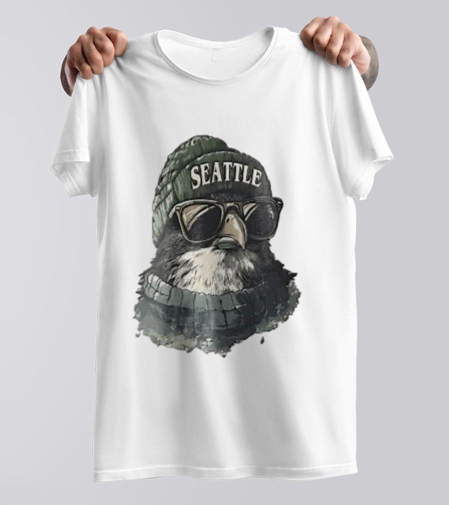 Seattle Beanie Hawk Cartoon With Sunglasses And Scarf T-Shirt
