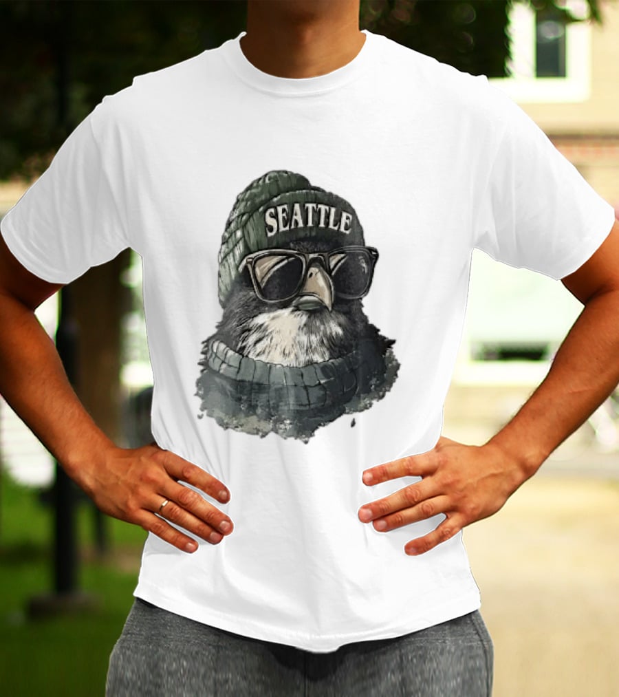 Seattle Beanie Hawk Cartoon With Sunglasses And Scarf T-Shirt
