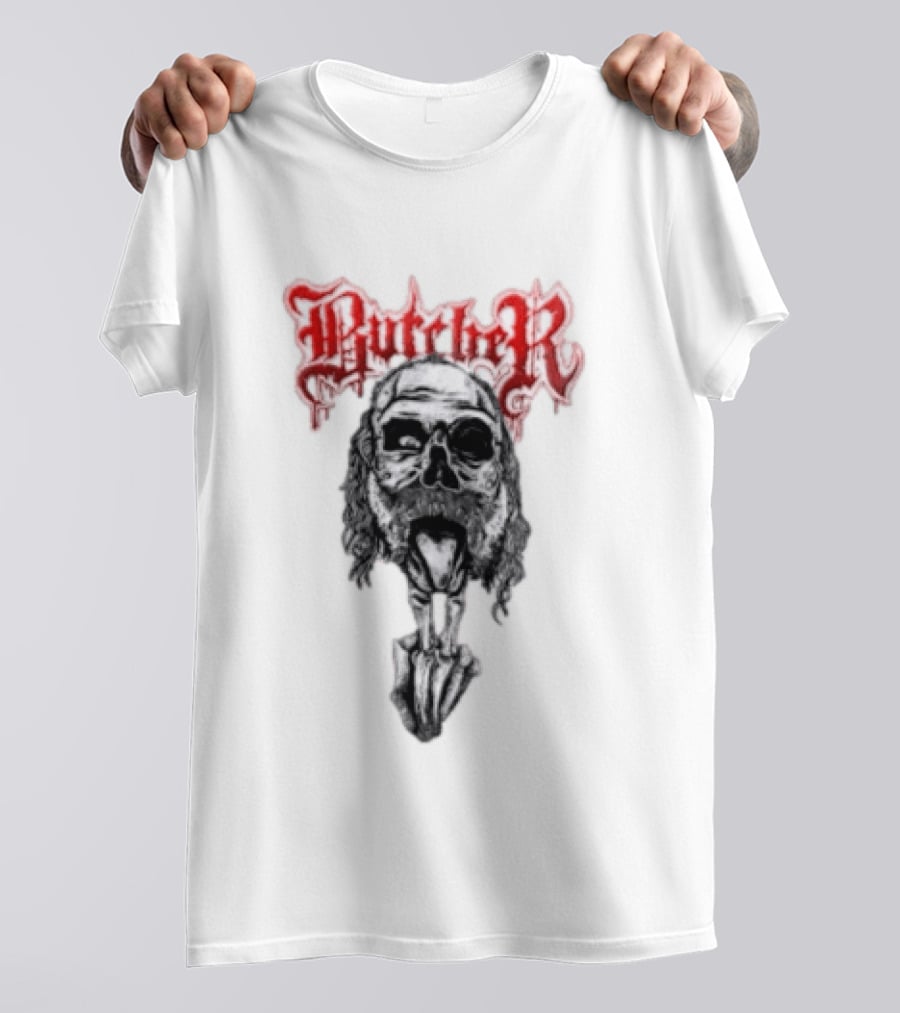 Butcher Skull With Gothic Red Text And Grim T-Shirt