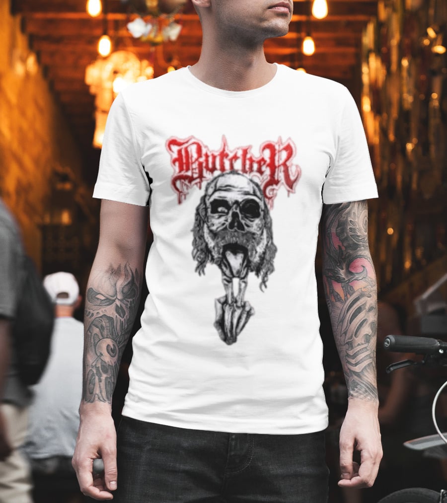 Butcher Skull With Gothic Red Text And Grim T-Shirt