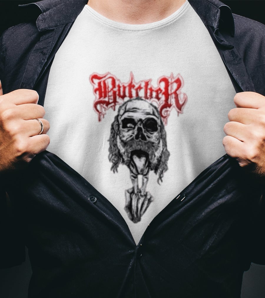 Butcher Skull With Gothic Red Text And Grim T-Shirt