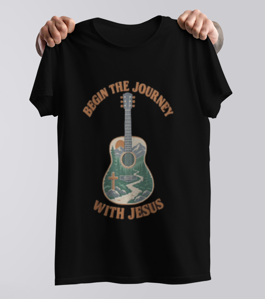 Begin The Journey With Jesus Guitar Mountain Path And Cross T-Shirt