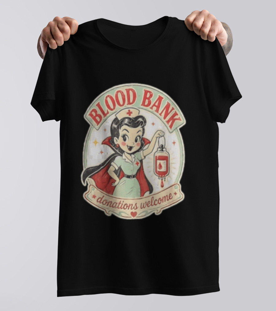 Blood Bank Donations Welcome Vampire Nurse Retro Cartoon T-Shirt