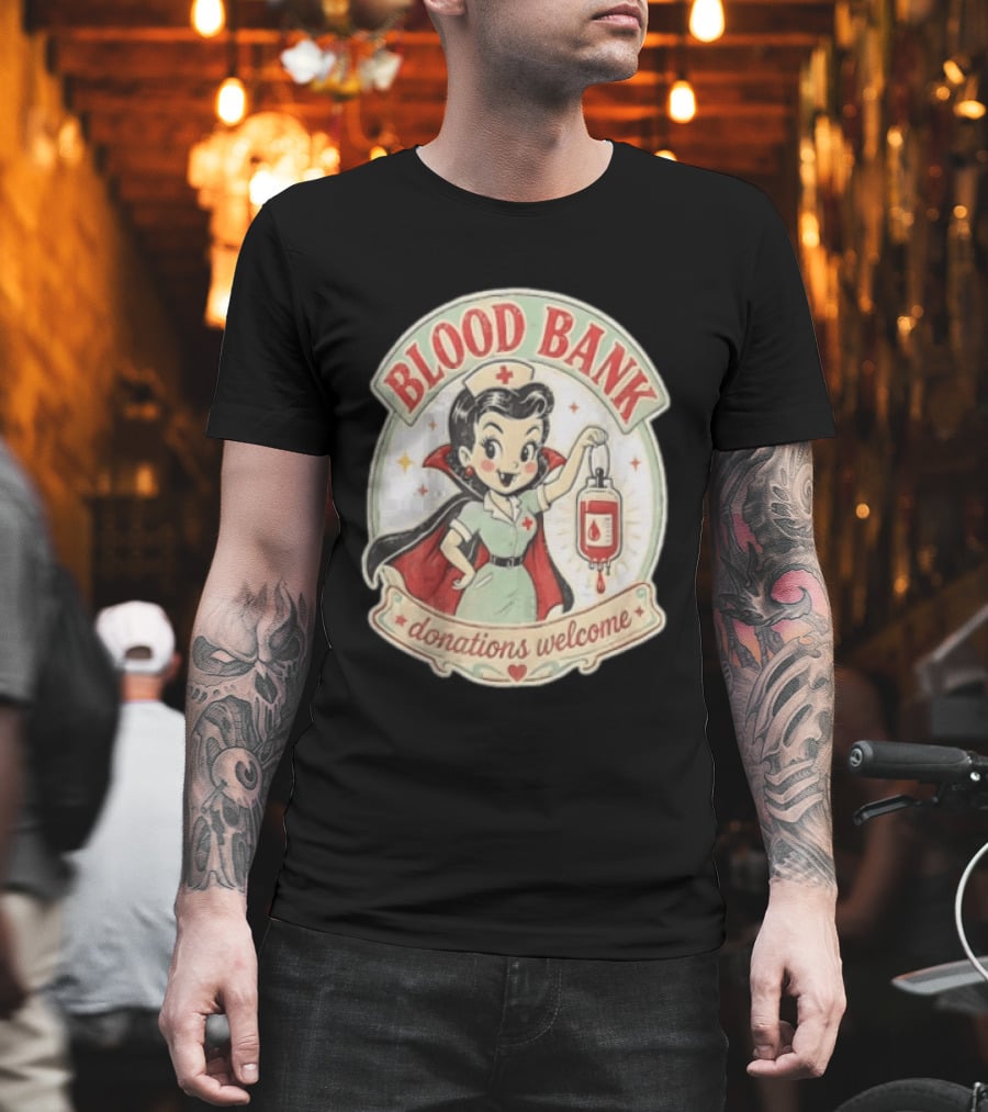 Blood Bank Donations Welcome Vampire Nurse Retro Cartoon T-Shirt