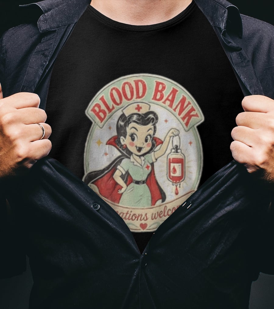 Blood Bank Donations Welcome Vampire Nurse Retro Cartoon T-Shirt