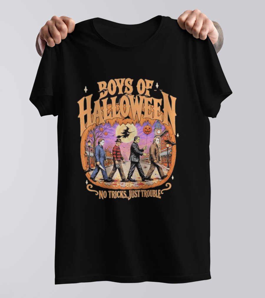 Boys Of Halloween Horror Characters Abbey Road No Tricks Just Trouble T-Shirt