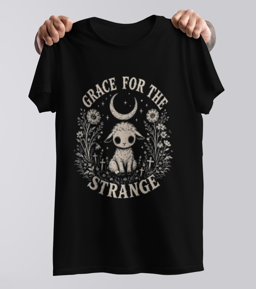 Grace For The Strange Lamb With Moon And Floral Accents T-Shirt