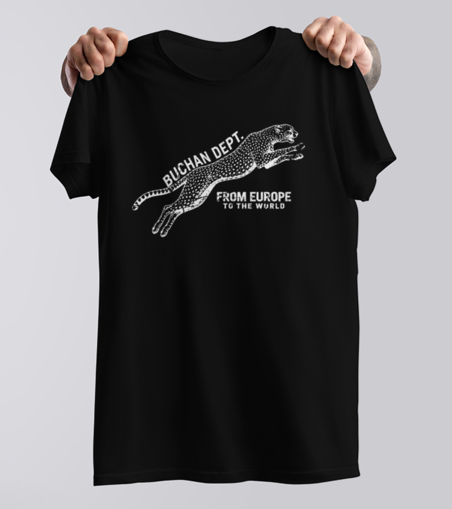 Buchan Store Cheetah Dept Black From Europe To The World T-Shirt