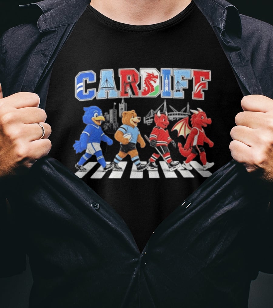 Cardiff Sports Abbey Road Parody With Cartoon Animals Crossing T-Shirt
