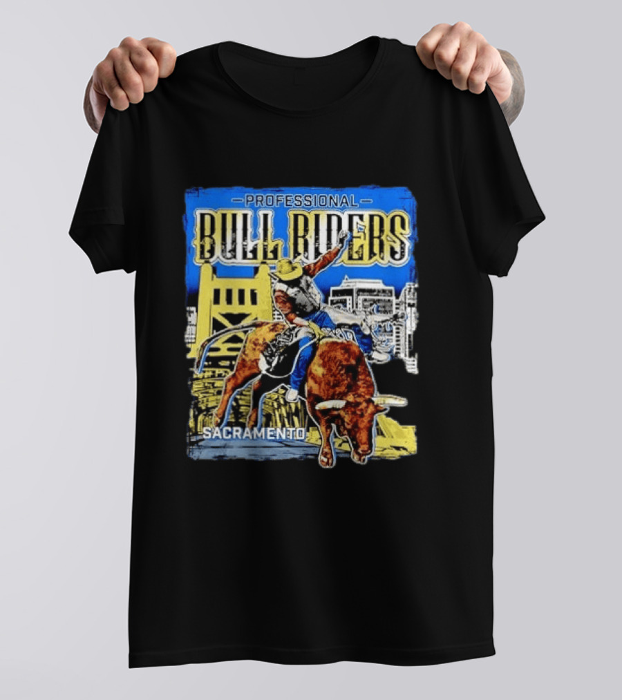 Professional Bull Riders Sacramento Cowboy Riding Bull Cityscape T-Shirt