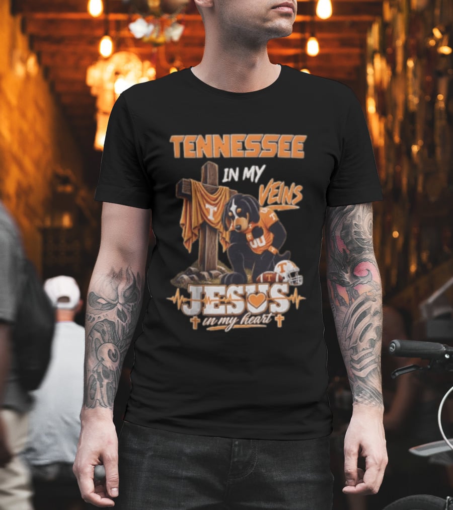 Tennessee In My Veins Jesus In My Heart Dog Cross Football Helmet T-Shirt