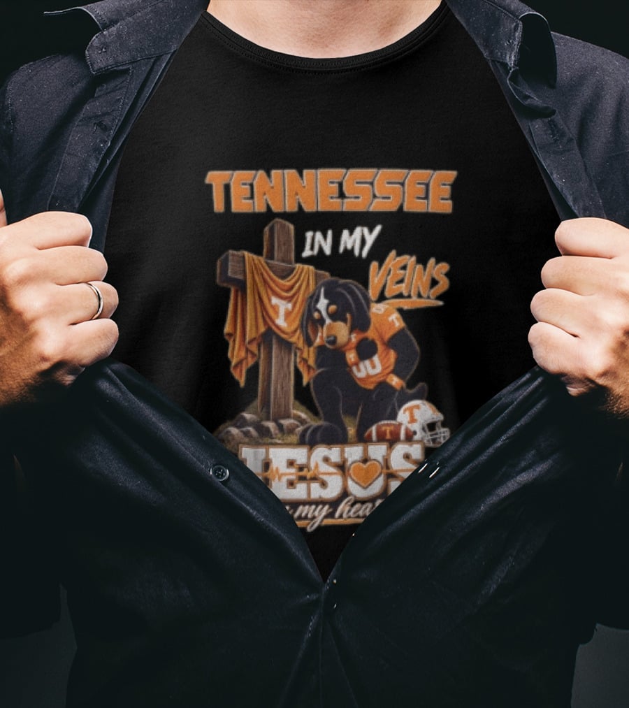 Tennessee In My Veins Jesus In My Heart Dog Cross Football Helmet T-Shirt