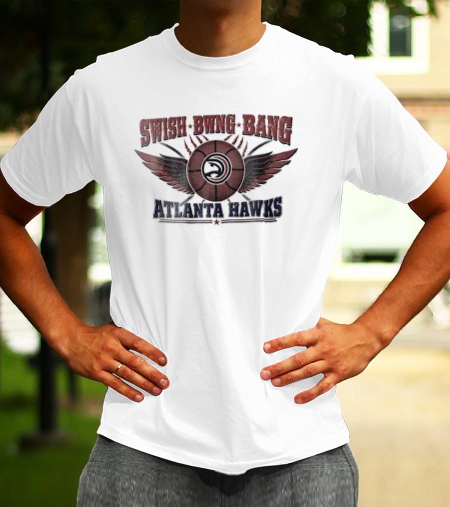 Atlanta Hawks Swish Bwng Bang Distressed Winged Basketball T-Shirt