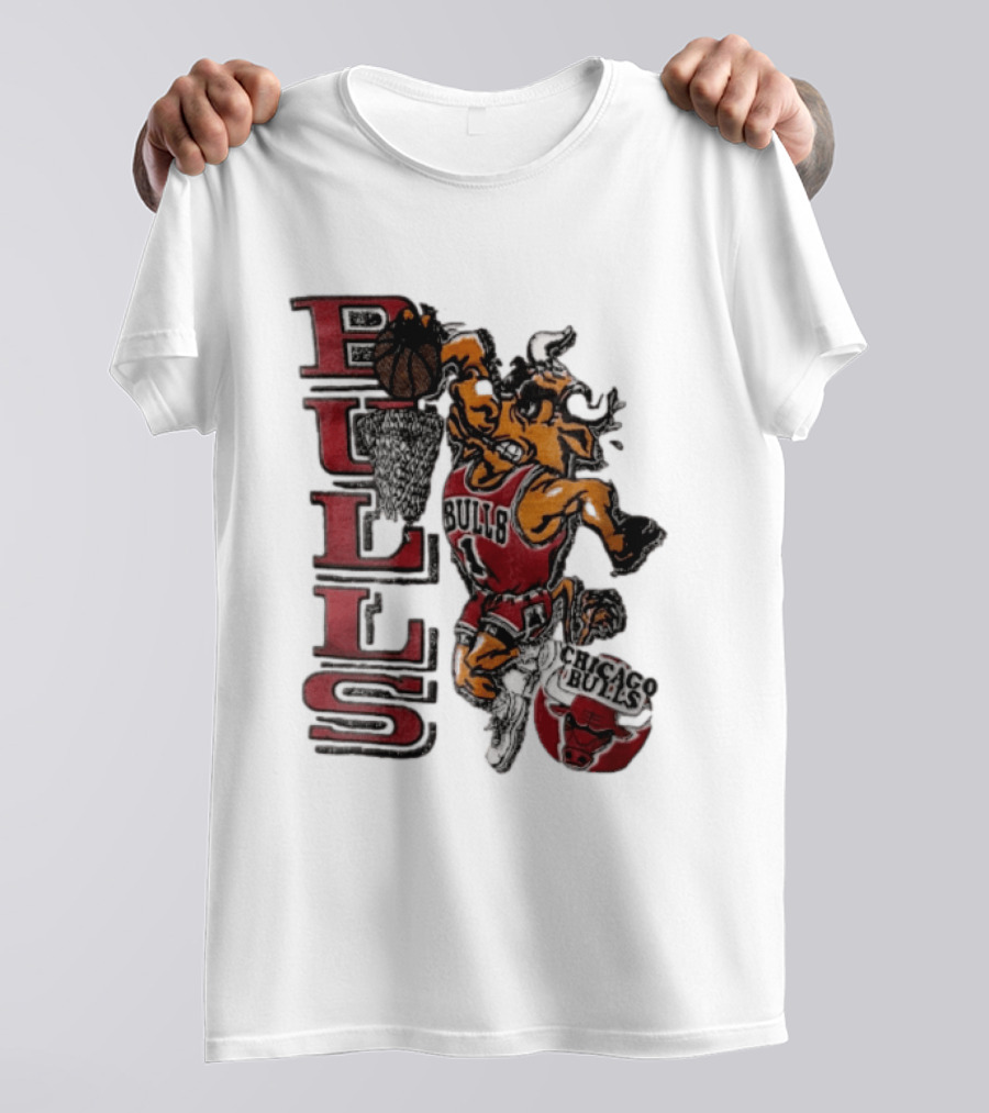 Chicago Bulls Bull Dunking Basketball Hoop NBA Cartoon Caricature T-Shirt