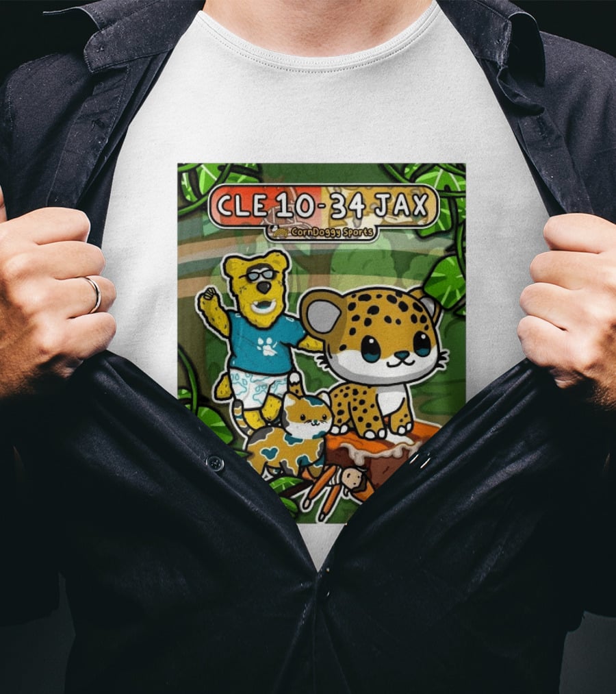 CornDoggy Sports CLE 10 34 JAX Cleveland Browns Vs Jacksonville Jaguars Cartoon Animals T-Shirt
