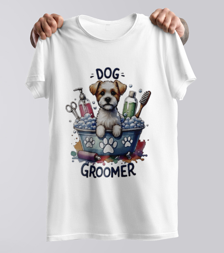 Dog Groomer Puppy Bath Tub Soap Scissors Brush Watercolor T-Shirt