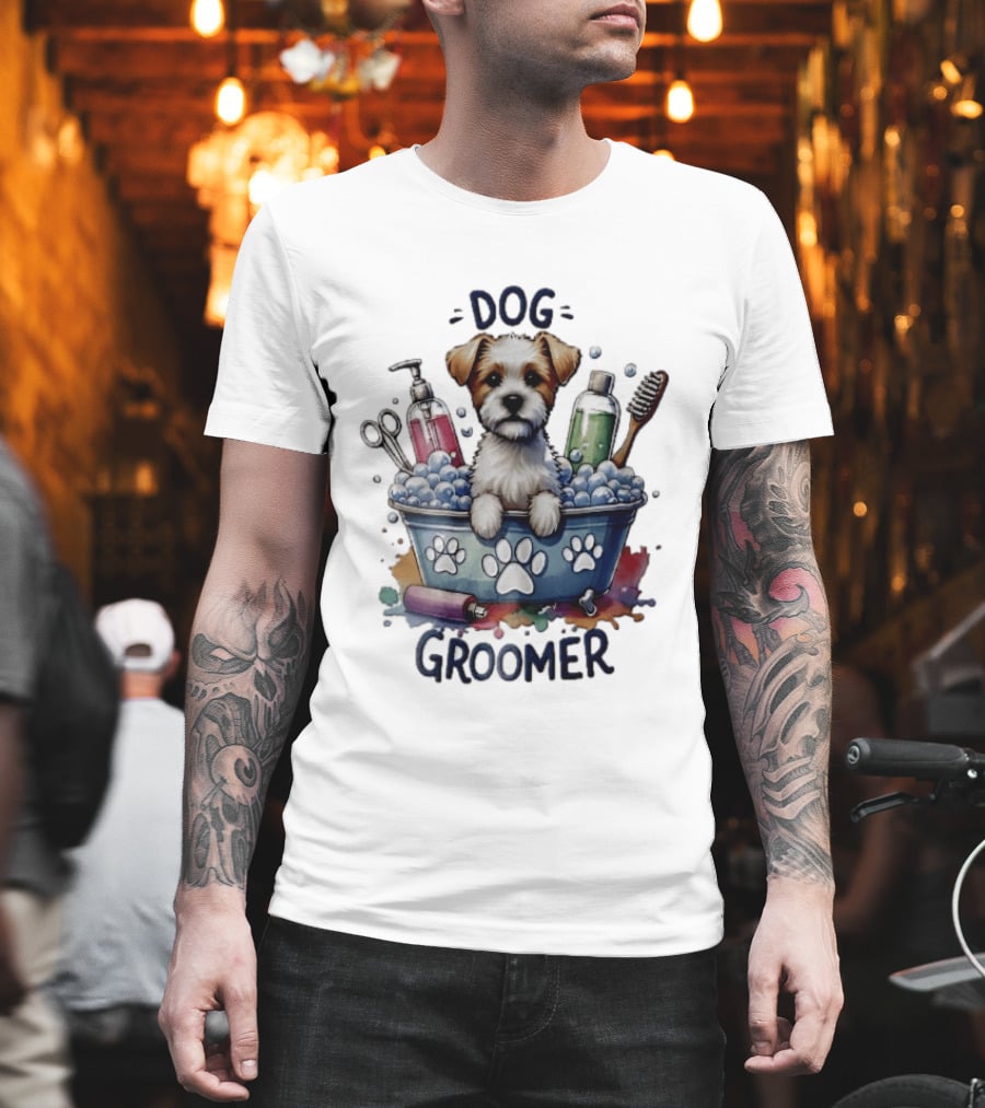 Dog Groomer Puppy Bath Tub Soap Scissors Brush Watercolor T-Shirt