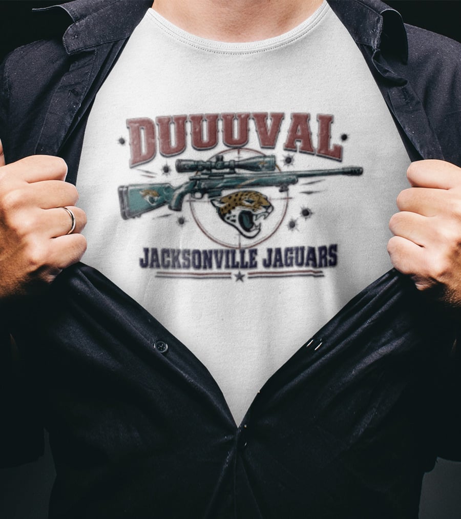 DUUUVAL Jacksonville Jaguars Sniper Rifle Crosshair Bullet Holes T-Shirt
