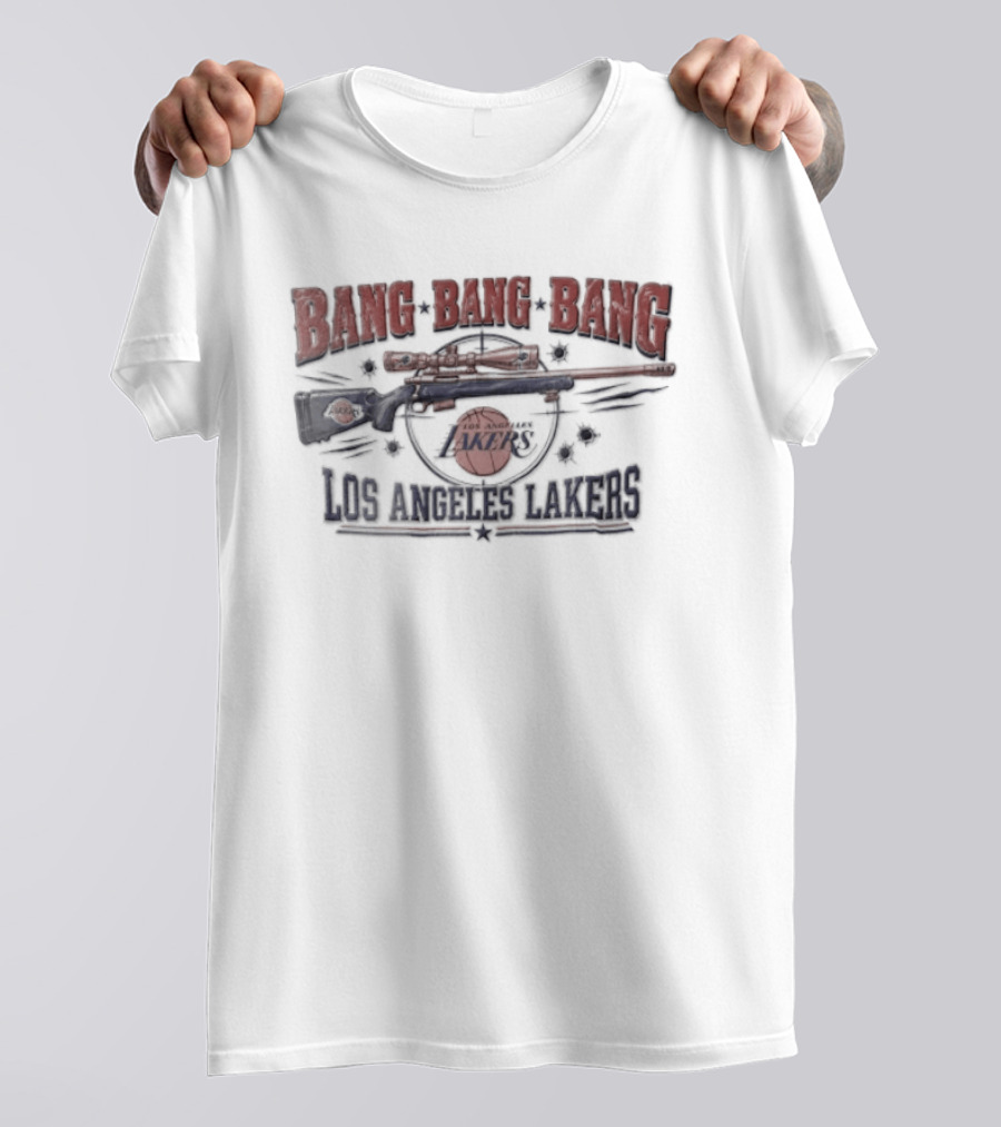 Los Angeles Lakers Bang Sniper Rifle Scope Bullet Holes NBA Basketball T-Shirt