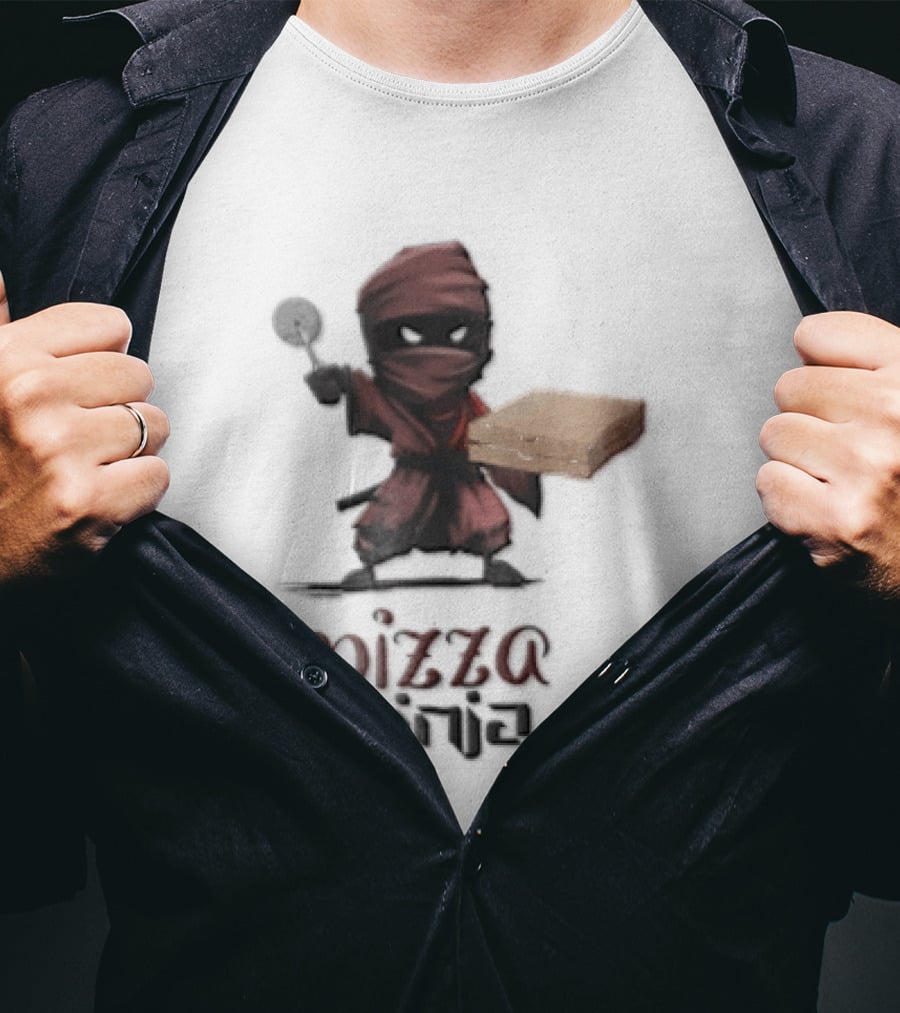 Pizza Ninja Red Masked Cartoon Figure Holding Cardboard Box T-Shirt