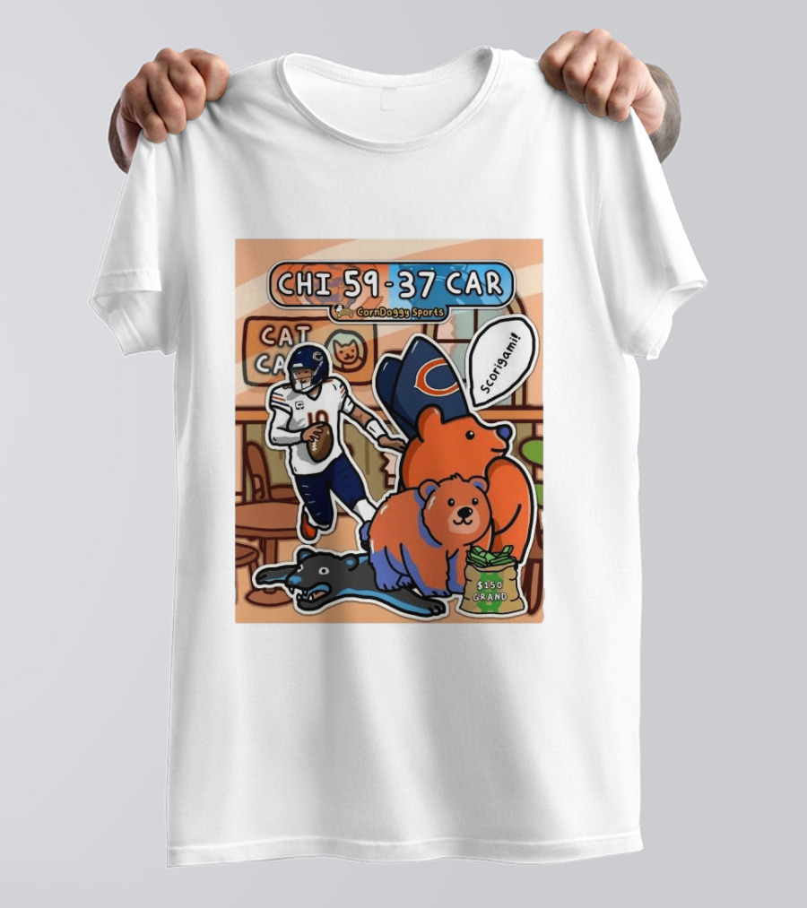 CHI 59 37 CAR CornDoggy Sports Chicago Bears Vs Carolina Panthers Scorigami Cat Café $150 Grand T-Shirt