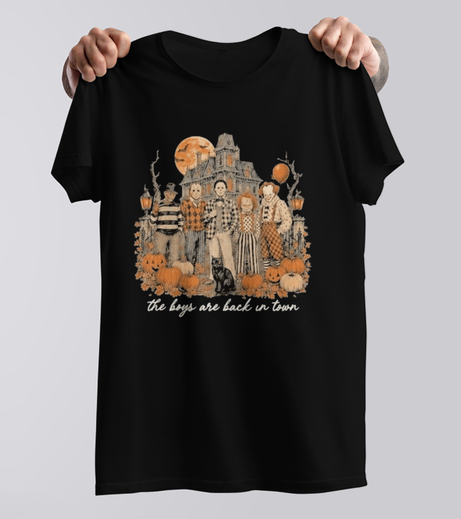 Halloween Horror Characters The Boys Are Back In Town Haunted House Pumpkin Patch T-Shirt