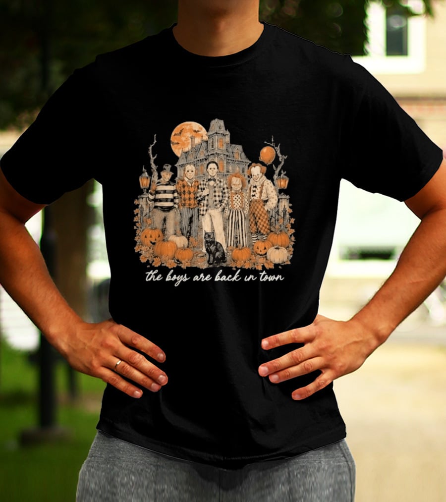 Halloween Horror Characters The Boys Are Back In Town Haunted House Pumpkin Patch T-Shirt