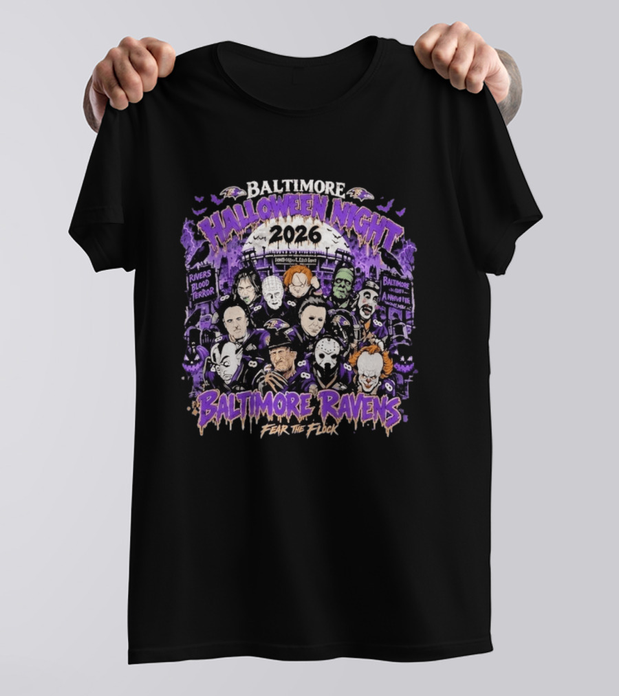 Baltimore Ravens 2026 Halloween Night Horror Characters Fear The Flock T-Shirt