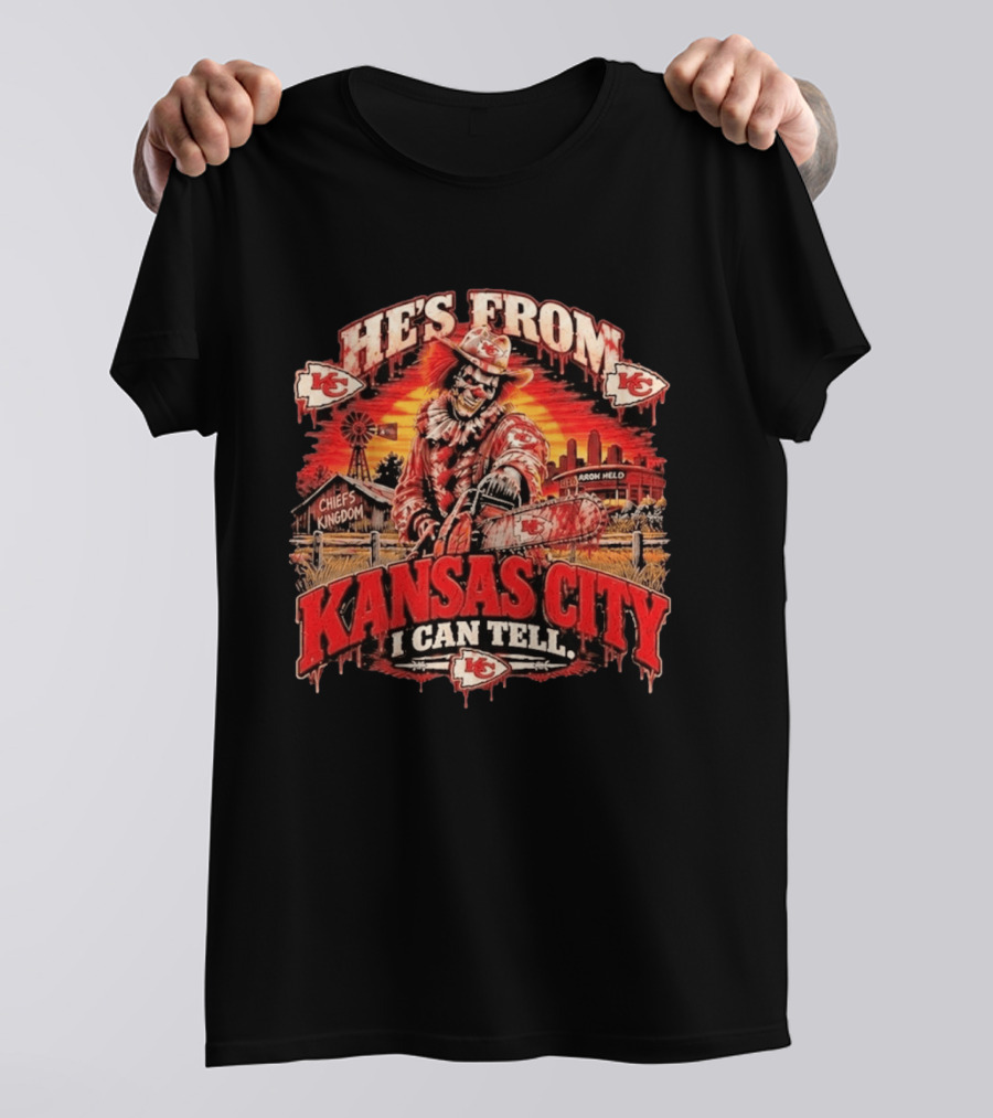 Kansas City Chiefs He's From Kansas City I Can Tell Horror Kingdom NFL Chiefs Logo Scary Chainsaw T-Shirt