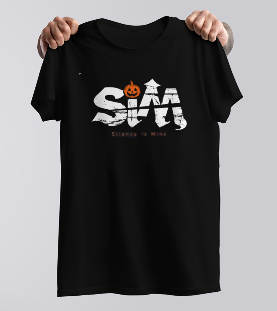 Sim Store Shop Silence Is Mine Rolling Cradle Halloween Pumpkin Design Black White T-Shirt