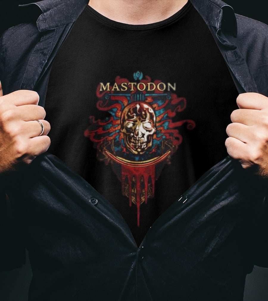 Mastodon Crystal Skull Art Red Blue Flame T-Shirt