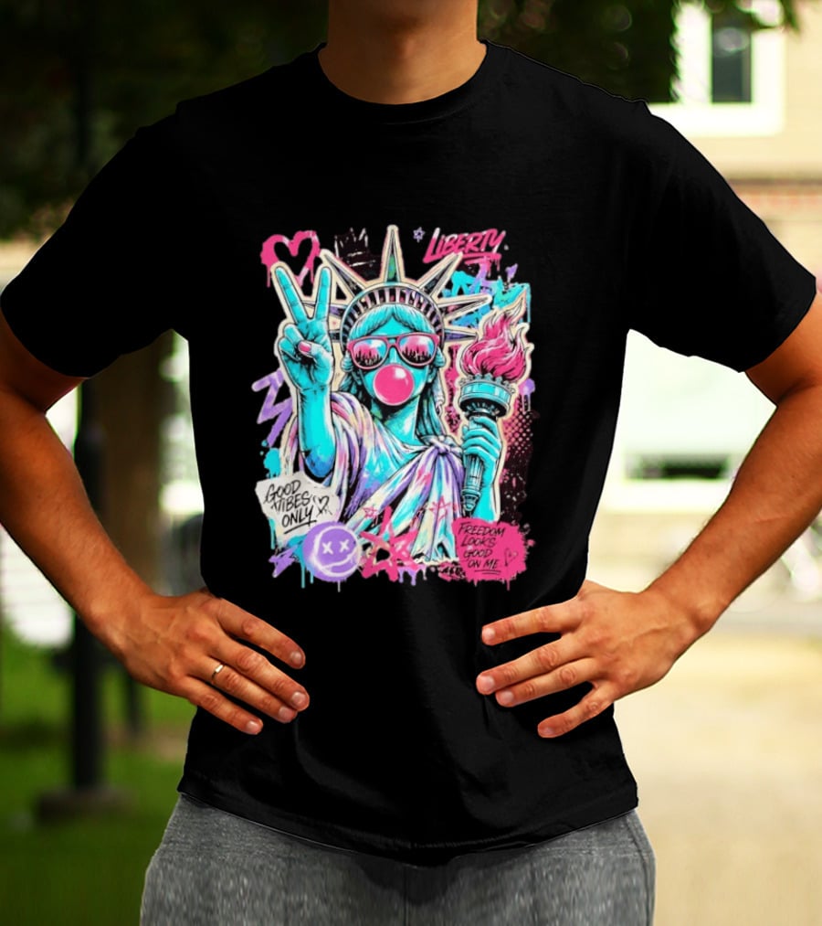 Liberty Graffiti Pop Art Good Vibes Only Statue Freedom Looks Good On Me T-Shirt