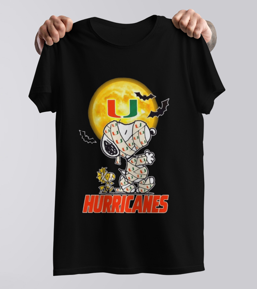 Miami Hurricanes Snoopy Woodstock Mummy Halloween Moon Bats T-Shirt