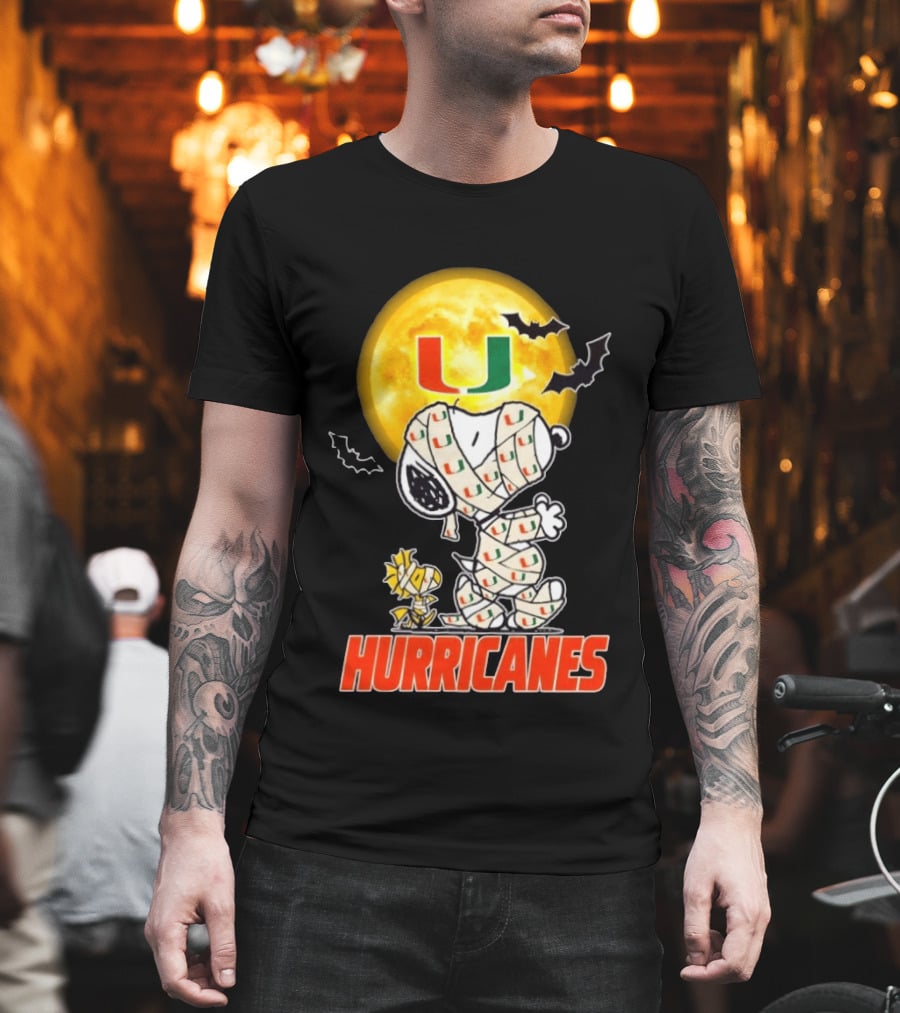 Miami Hurricanes Snoopy Woodstock Mummy Halloween Moon Bats T-Shirt