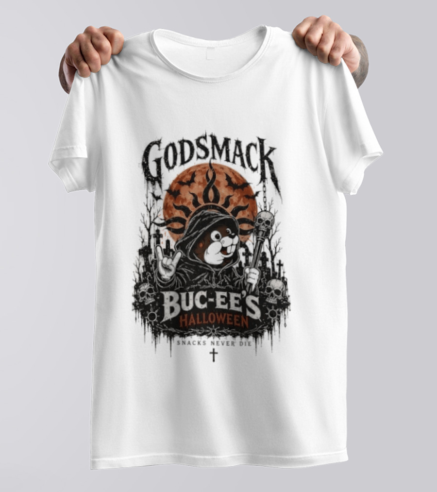 Godsmack Buc Ee's Halloween Snacks Never Die Skulls And Sun T-Shirt