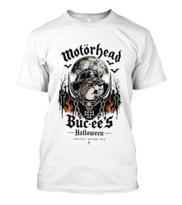 Motorhead Buc Ee's Halloween Snacks Never Die Ghostly Flames Moon Bats T-Shirt