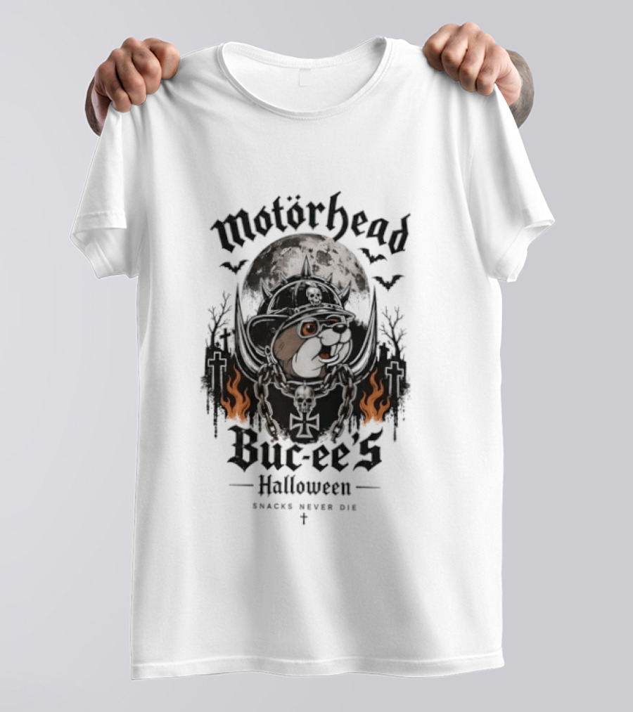 Motorhead Buc Ee's Halloween Snacks Never Die Ghostly Flames Moon Bats T-Shirt