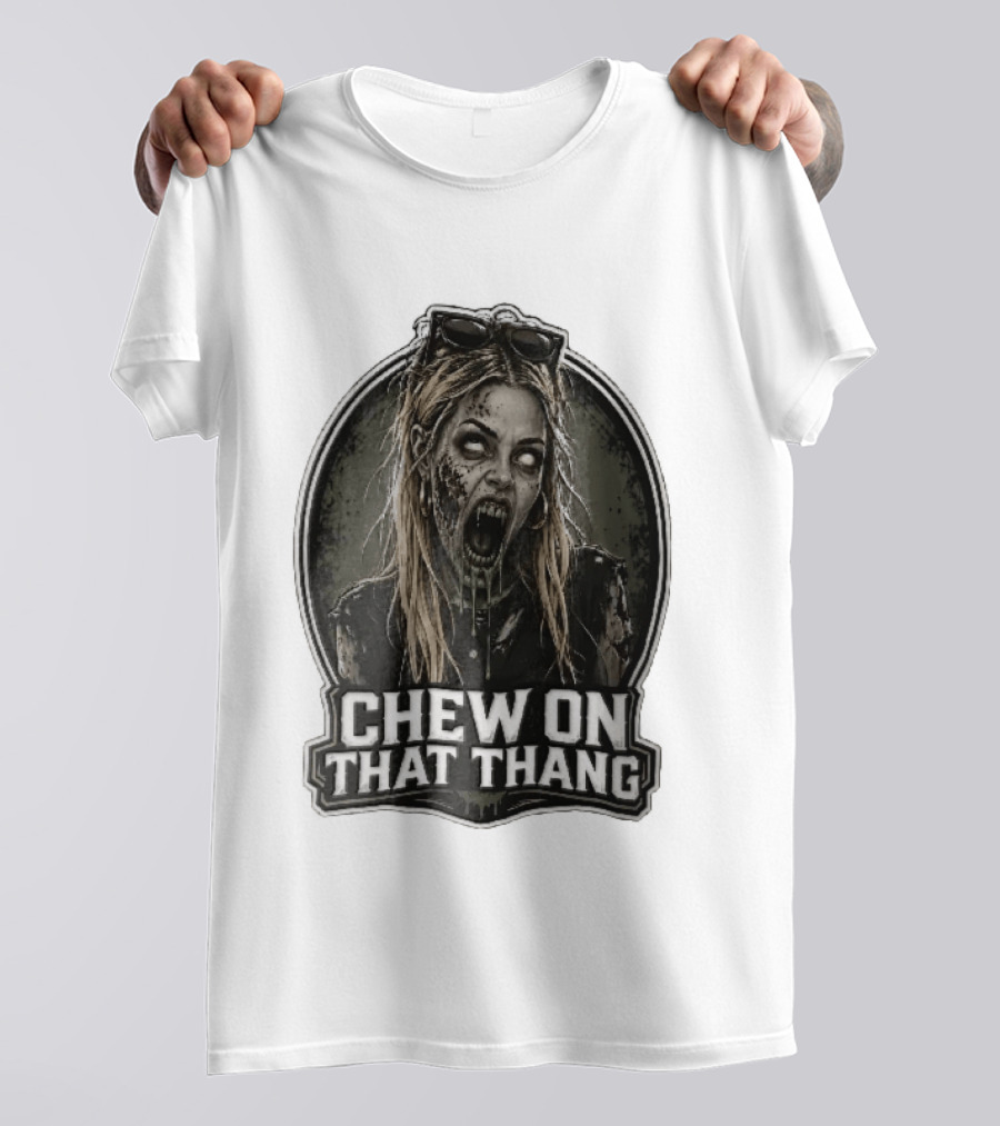 Chew On That Thang Zombie Blonde Woman Open Mouth Green Slime Sunglasses T-Shirt