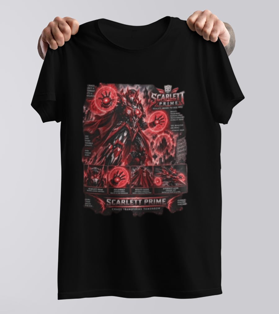 Scarlett Prime Reality Bends Red Mecha Chaos Transforms Tomorrow Jet Hex Magic T-Shirt