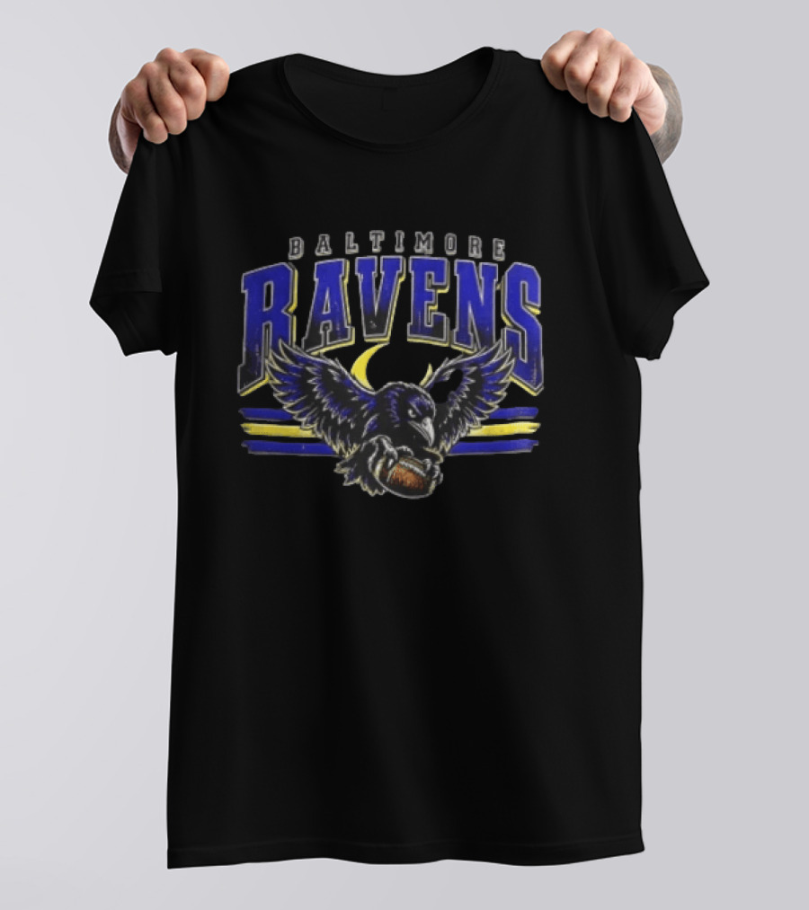 Baltimore Ravens Distressed Flying Bird Holding Football With Stripes T-Shirt