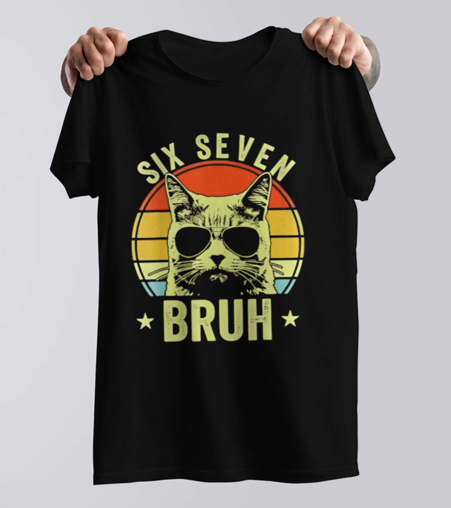 Six Seven Bruh Retro Cat Sunset T-Shirt