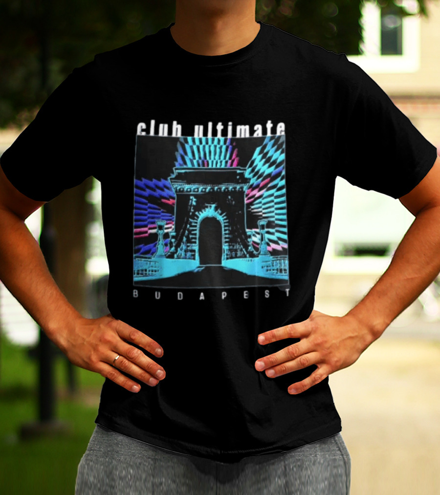 Club Ultimate Budapest Szechenyi Chain Bridge Neon Checkerboard Arch T-Shirt