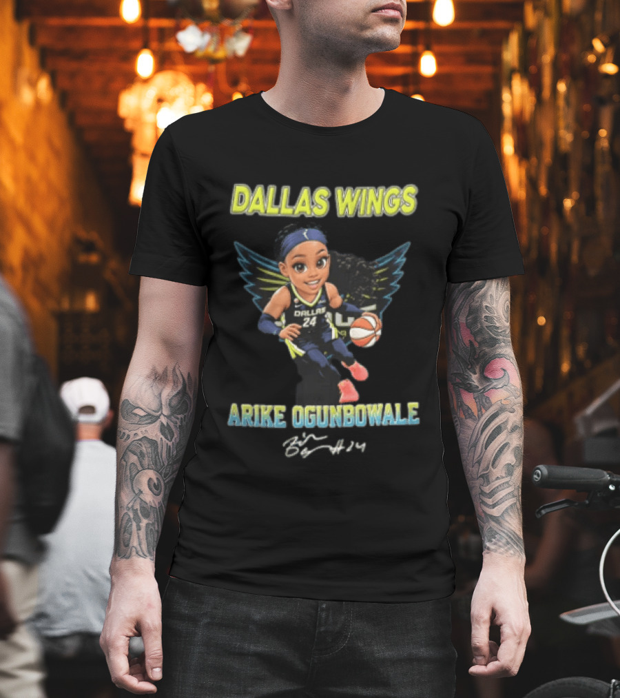 Dallas Wings Arike Ogunbowale Cartoon Caricature Dribbling Basketball Team Player T-Shirt