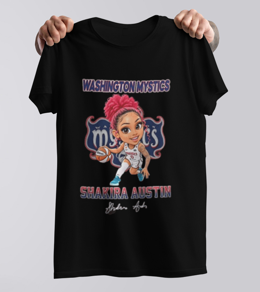 Shakira Austin Washington Mystics Pink Hair Cartoon Caricature Dribbling Basketball T-Shirt