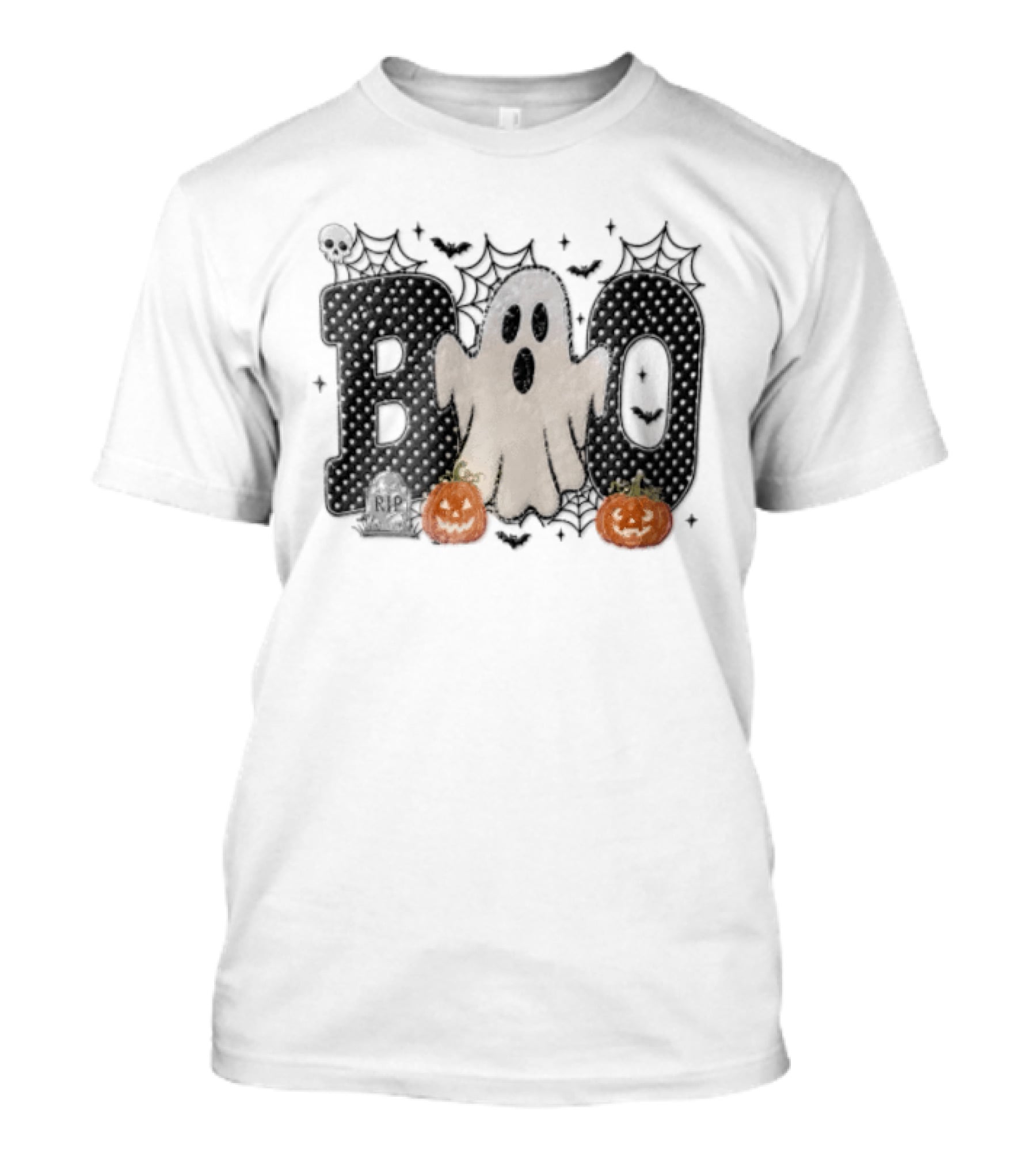 Boo Distressed Ghost Jack O Lanterns Polka Dots Cobwebs T-Shirt