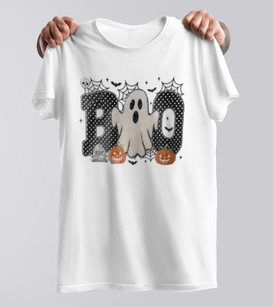 Boo Distressed Ghost Jack O Lanterns Polka Dots Cobwebs T-Shirt