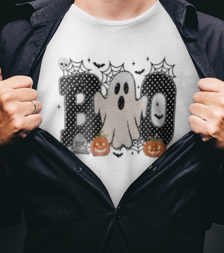 Boo Distressed Ghost Jack O Lanterns Polka Dots Cobwebs T-Shirt