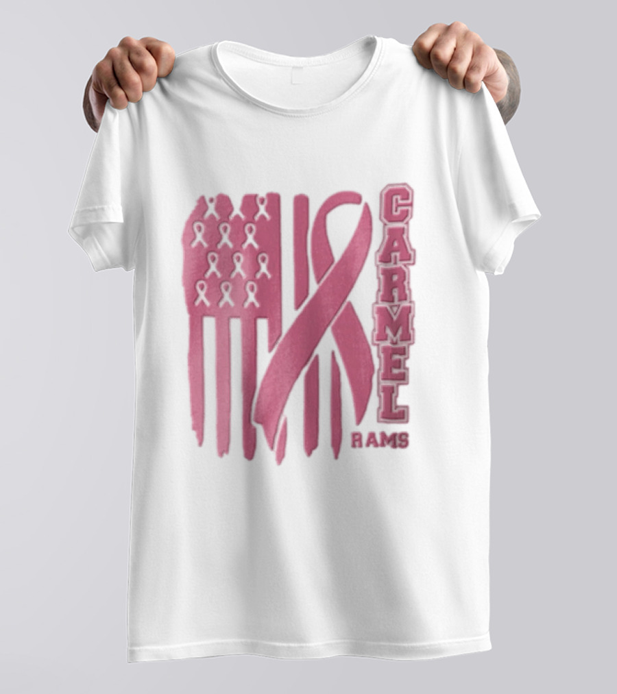 Carmel Rams Pink Ribbon American Flag Breast Cancer Awareness T-Shirt
