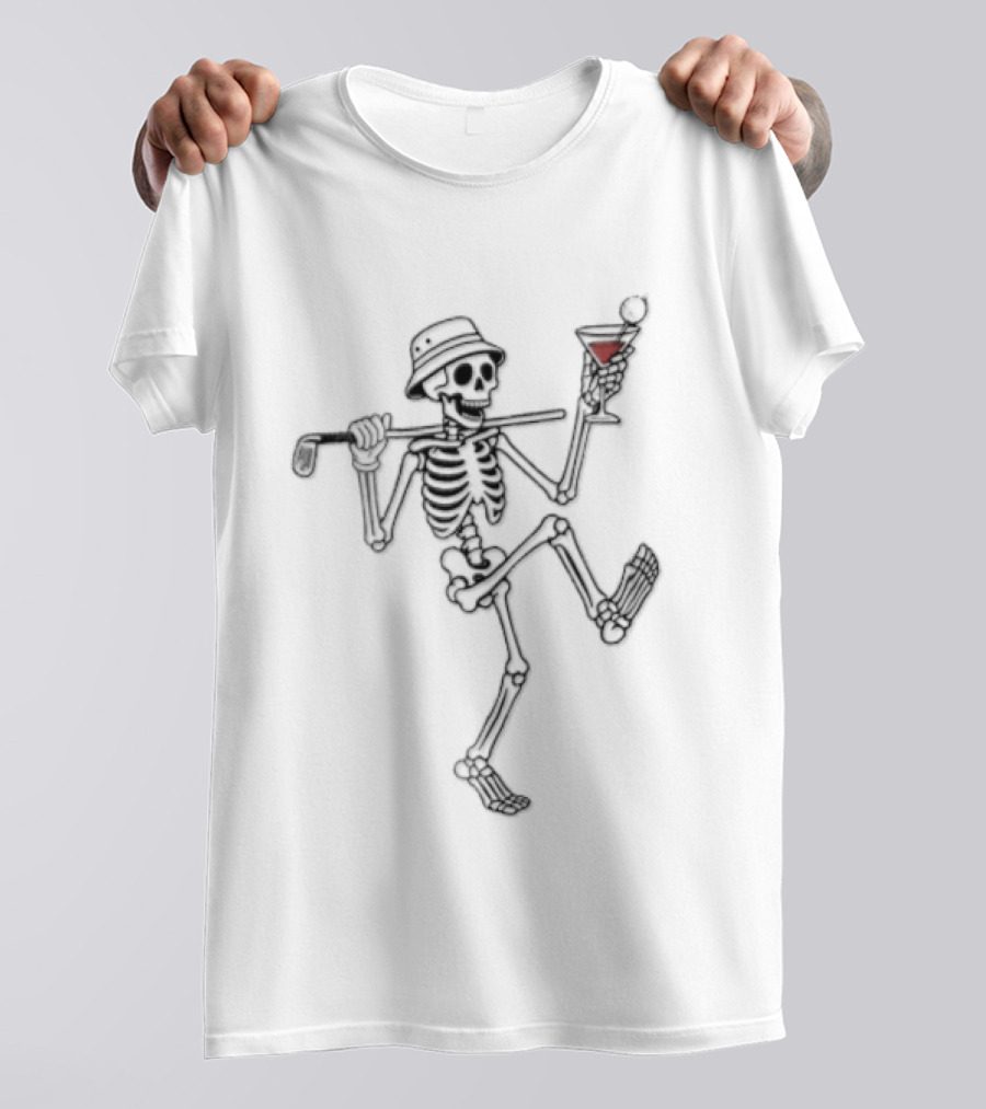 Cartoon Skeleton Line Dance With Bucket Hat Golf Club And Cocktail Glass T-Shirt